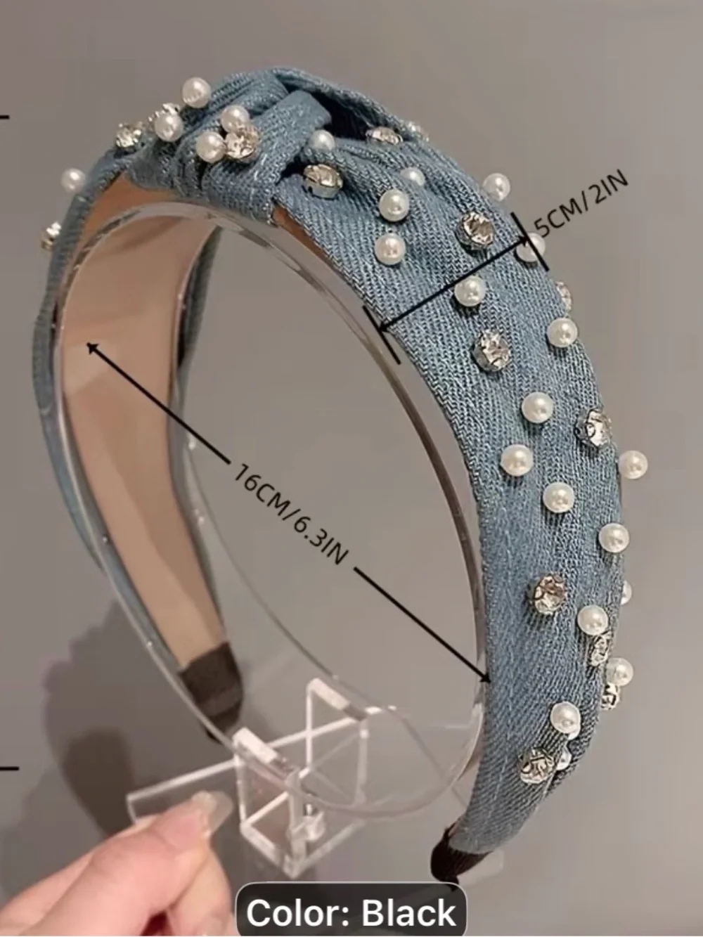 1 Stylish Brimmed Pearl & Rhinestone Knotted Headband - Black